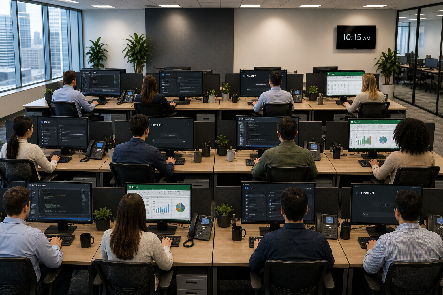 After: team focused and productive, doing meaningful work at their desks